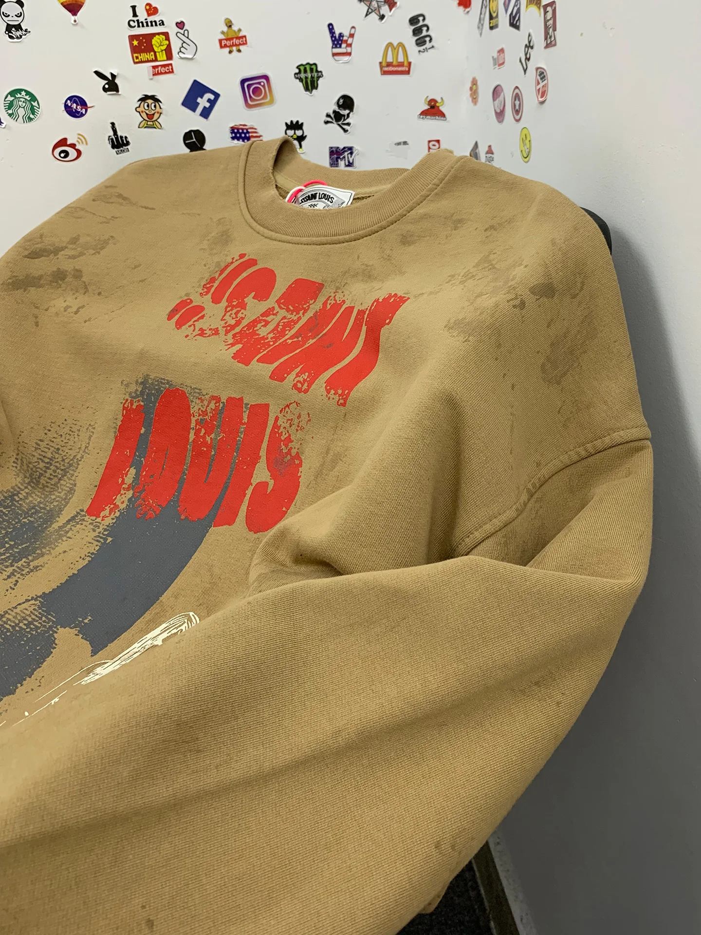 Red Text Logo Flame Letter Print round Neck Sweatshirt Men's Loose Vintage Top Trendy Cotton Long Sleeve Punk Style Casual Wear