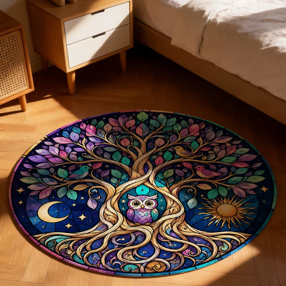 Boho Owl Tree of Life Round Area Rug Bohemian Nursery Decor Kids Play Mat Hippie Style