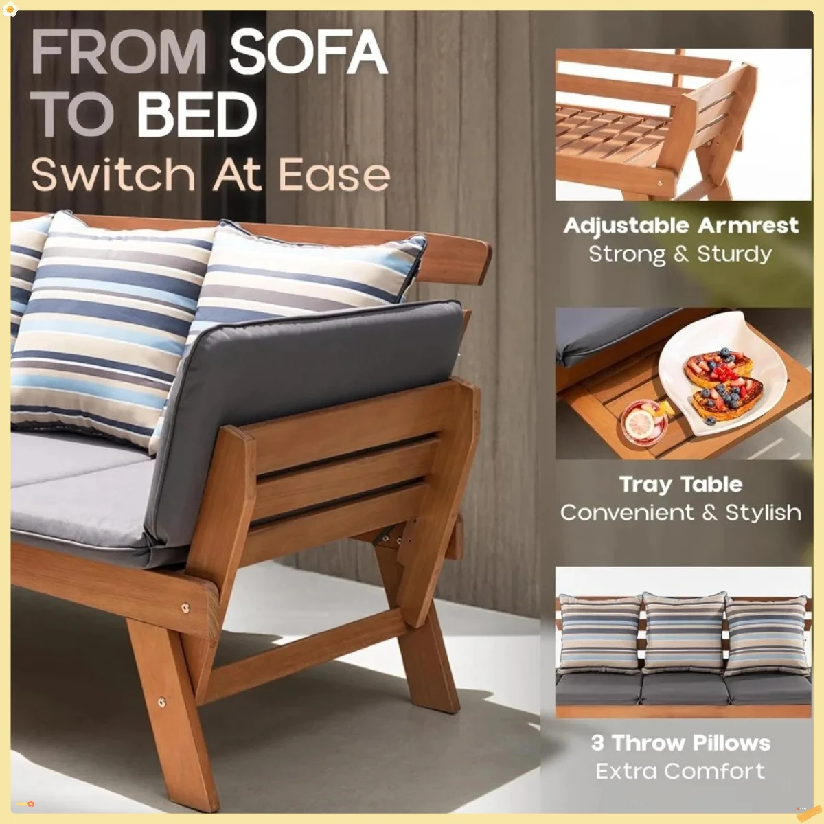 أريكة خارجية قابلة للتحويل من الأوكالبتوس، أريكة فناء بسعة 750 رطل مع مسند ذراع قابل للطي وصينية قهوة