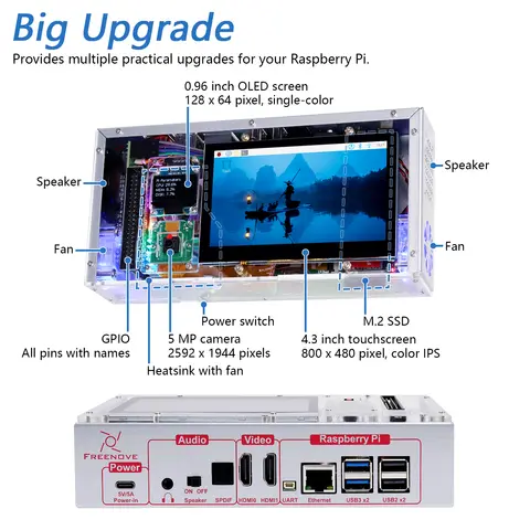 Freenove Computer Case Kit for Raspberry Pi 5 with M.2 NVMe SSD 4.3 Inch Touchscreen 5 MP Camera OLED Screen Stereo Speakers