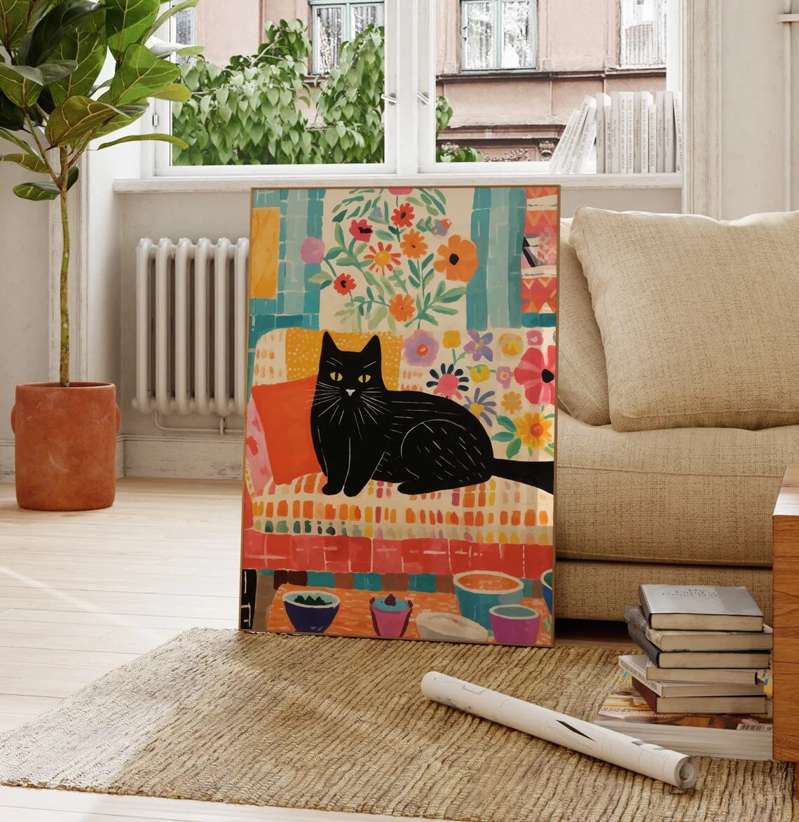 Katze auf dem Sofa Druck, farbenfrohes Poster, Blumen, Geschenk für Tierliebhaber, schwarze Katze, lustiger Musterdruck, Schlafzimmer, Kinderdekoration