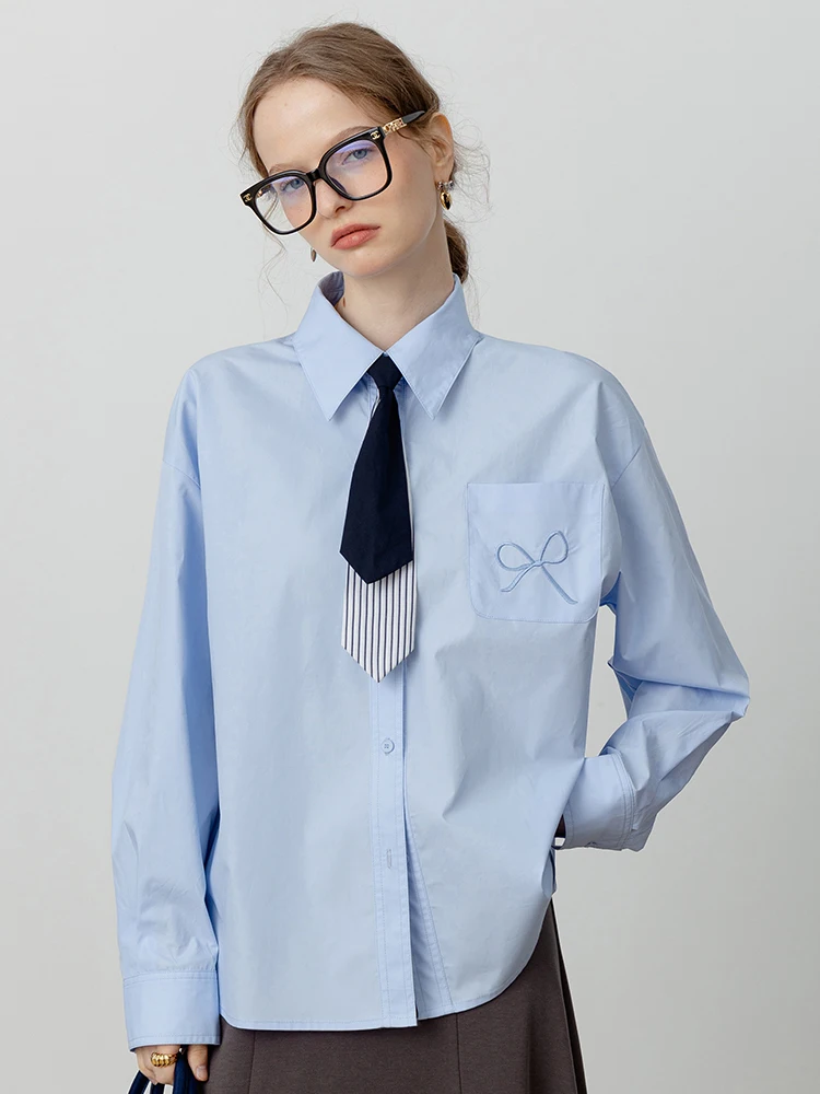 

Korean Sle Long Sve irt with Knot Embroidery College Sle Design Unique Women's Faion Autumn Top