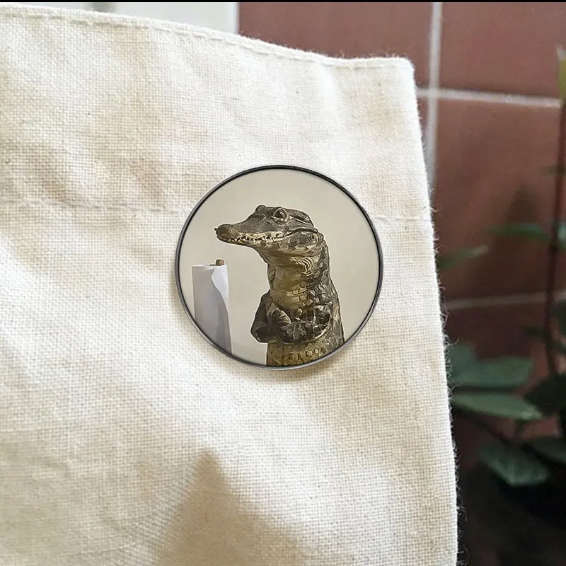 Funny Anthropomorphic Alligator Statue UV Printing Badges Realistic Reptile Art Pin Vintage Animal Lover Decor Metal Brooch