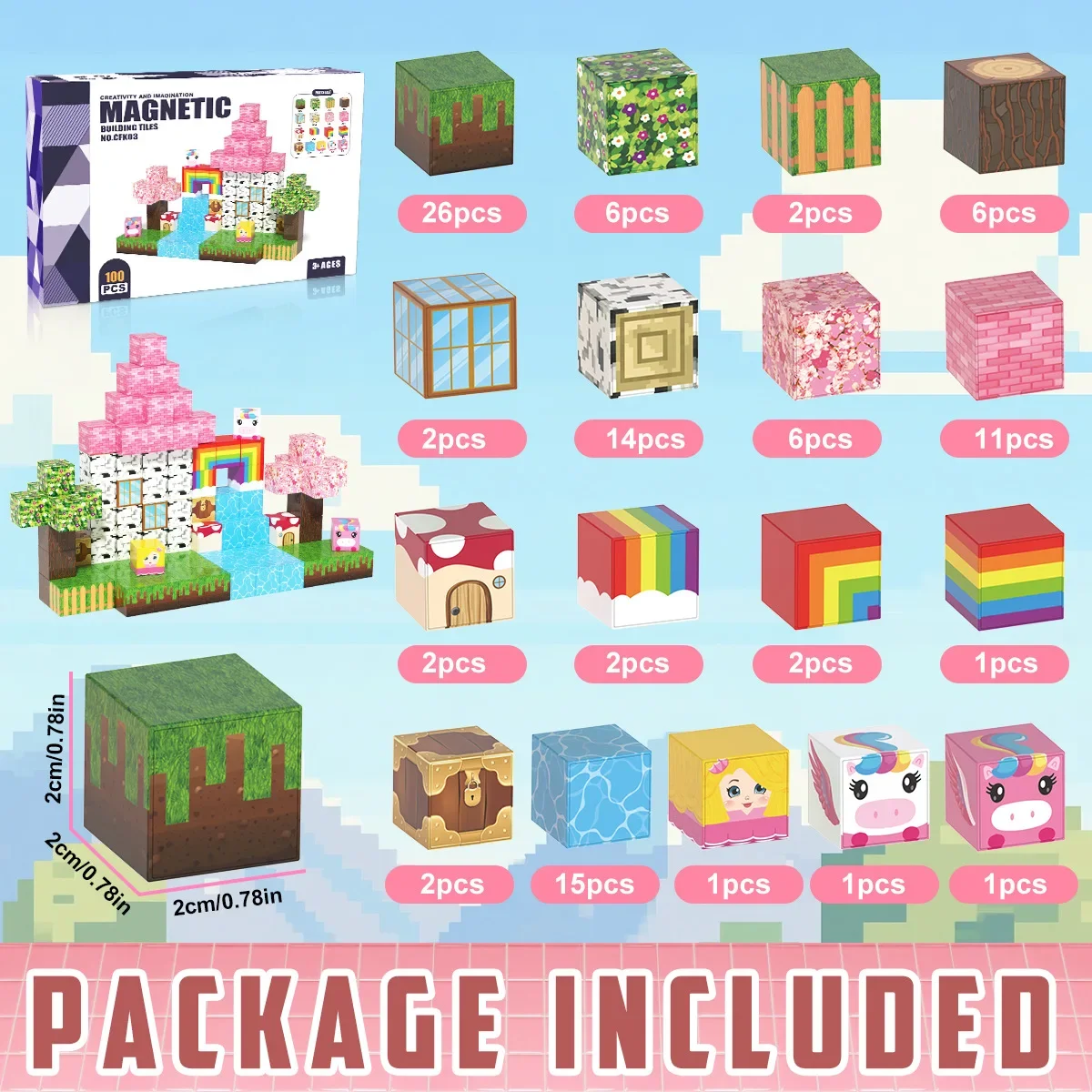 Conjunto de blocos de construção magnéticos com tema arco-íris, 2.0cm, mini tijolos quadrados moc, brinquedo educacional de montagem magnética, presente de aniversário para crianças