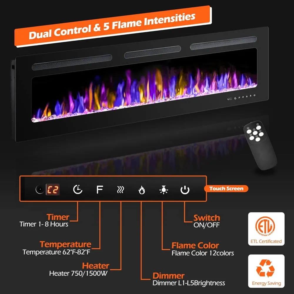 60 Inch Wall Mounted Embedded Electric Fireplace, 750/1500W Fireplace Heater, with Timer Adjustable Flame Color and Brightness