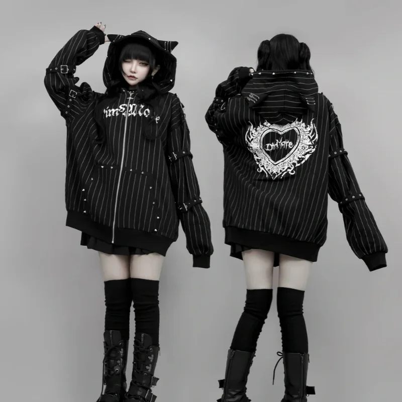 Gothic Y2K Japanese Subculture Zip Up Hoodie Women Devil Cat Ear Pinstripe Heart Print Oversized Metal Buckle Streetwear Outfit