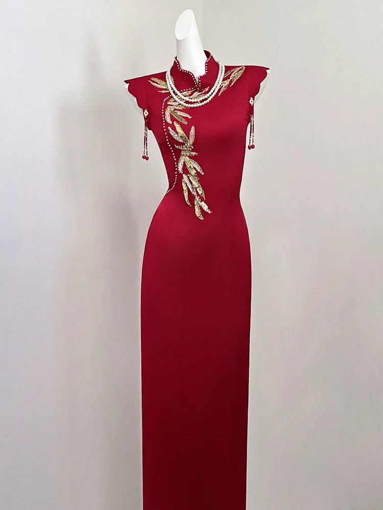 

Red Chinese Sle Qipao Wedding Dr Women's Ele High-End Cus-Made Engagement Ceremony Dr Skirt Breathable Polyest...