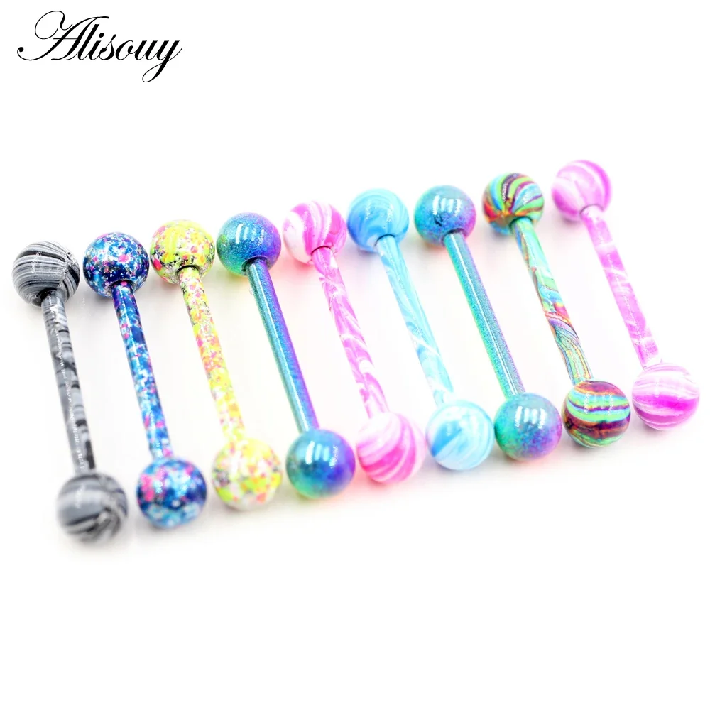 Alisouy 2PC 16mm Tounge Ring 14G Stainless Steel Tongue Rings Glitter Steel Ball Earring Body Piercing Jewelry for Women Men