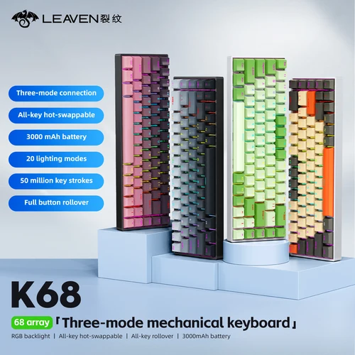 Teclado mecánico inalámbrico K68 de 68 teclas, conexión multimodo, intercambio en caliente de tecla completa, efectos de iluminación RGB, estructura de silenciador de junta, L