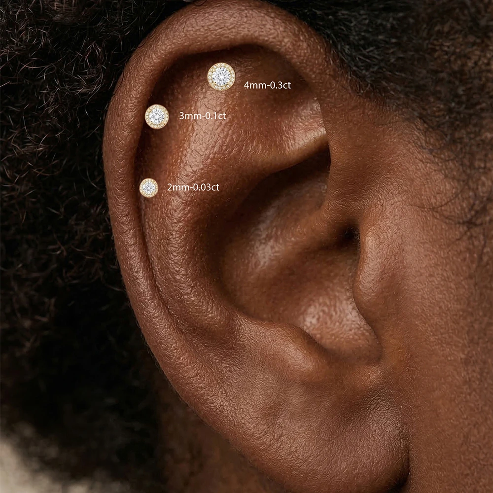 Aide 1 Stück 925 Sterling Silber Moissanit Halo Piercing Ohrstecker mit Schraubverschluss, rund, für Knorpel, 2-4 mm, für Damen und Herren – Detail 11