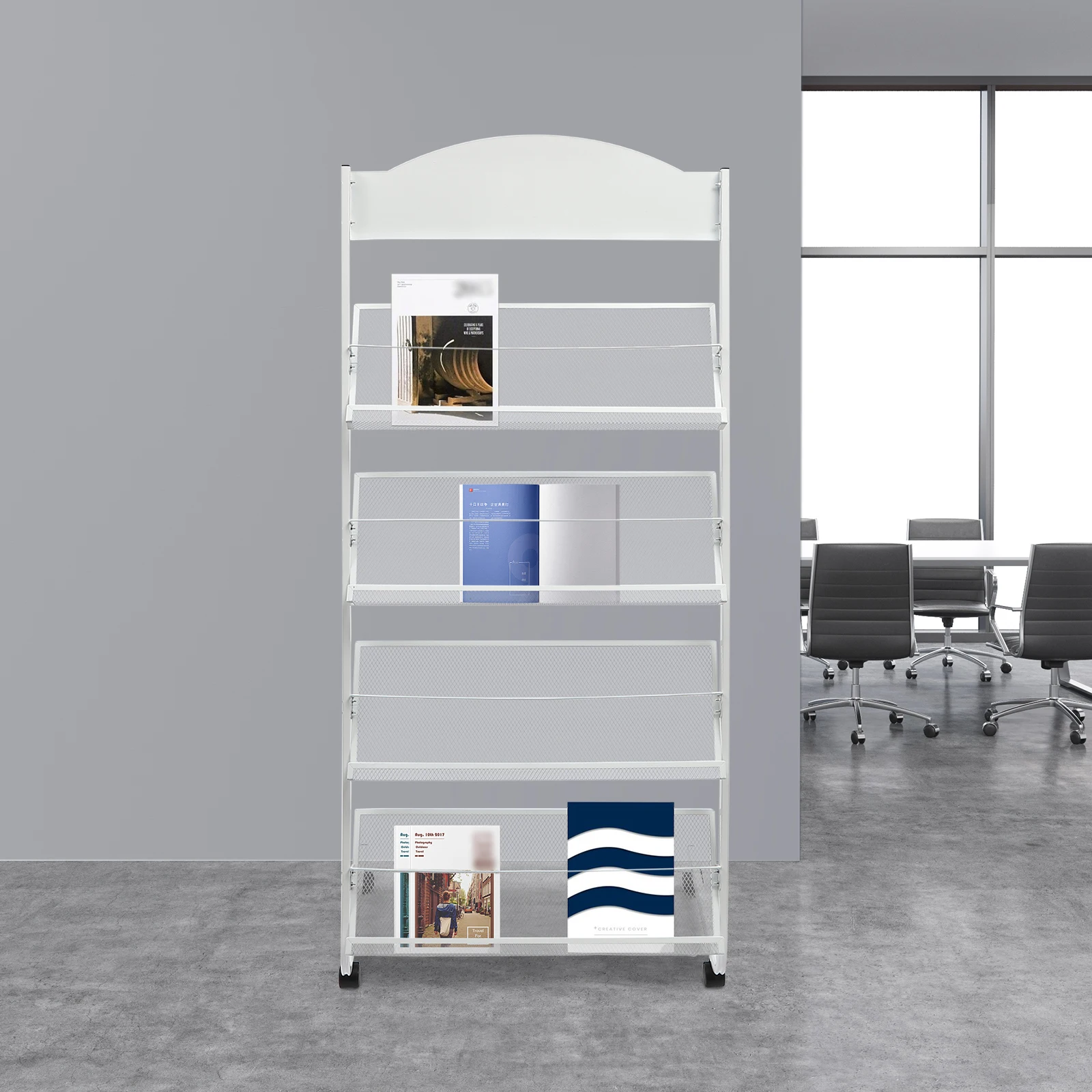 

Floor-Standing Magazine Rack 4-Layer Metal Wheeled Newspaper Rack Suitable for the Display of Brochures or Documents