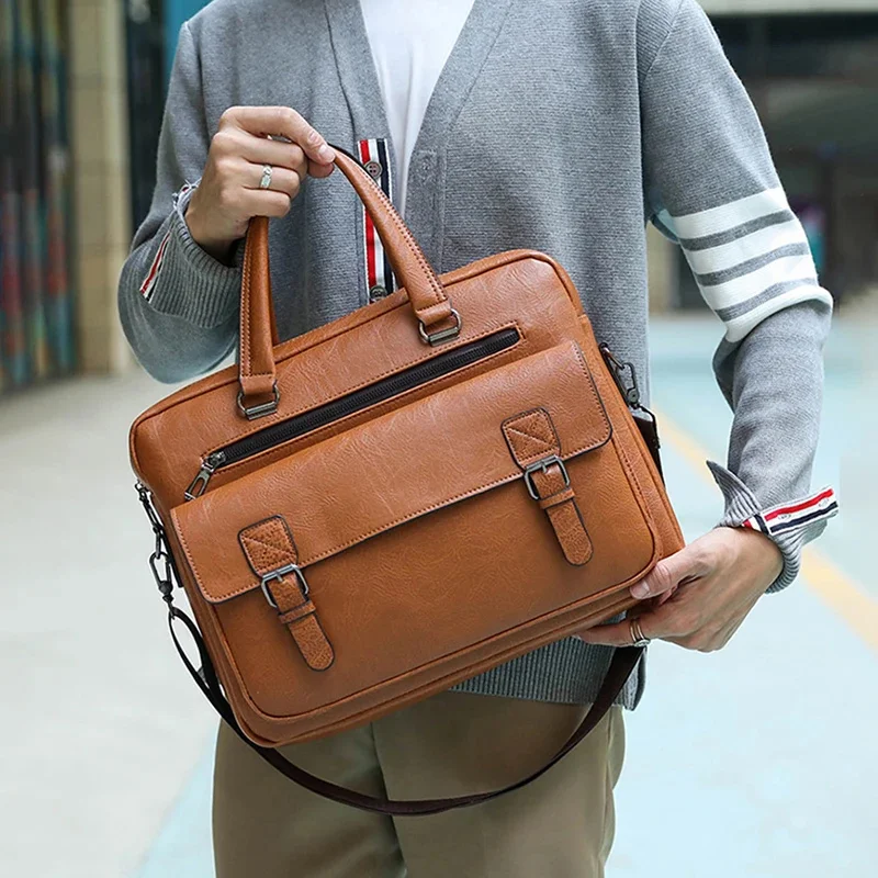 Briefcase Bag for Man PU Leather Vintage Handbags Computer Laptop 14 Shoulder Business Messenger Portfolio Crossbody Male