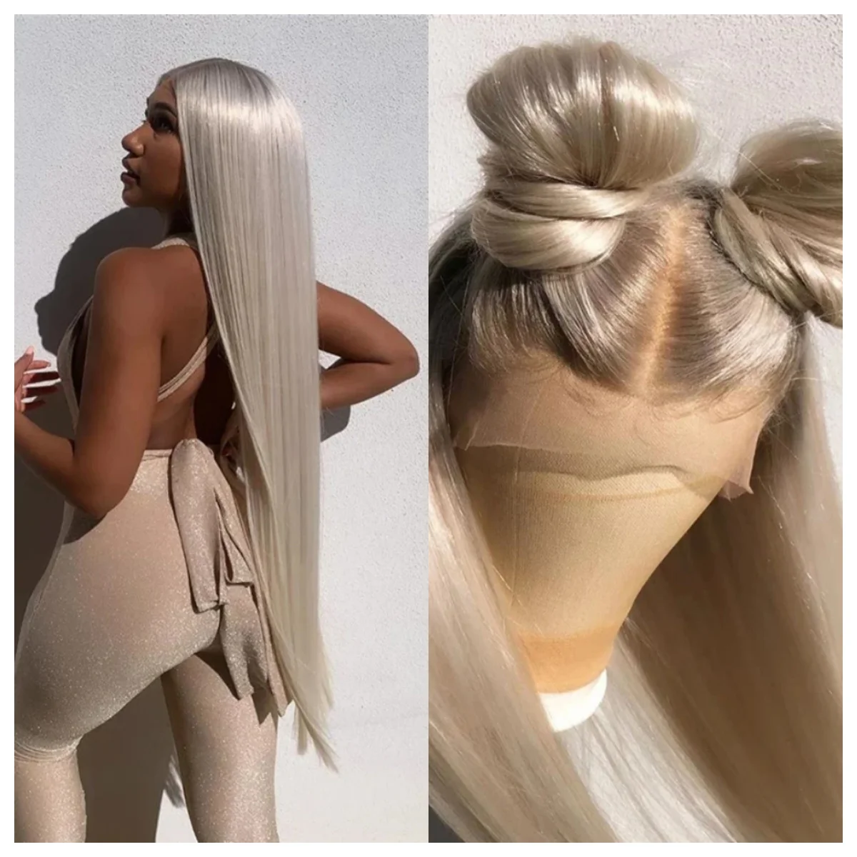 

Light Champagne Blonde Mix Lace Front Wig Straight 13x4 Synthetic Hair Natural Hairline Look Dark Roots comfortable Handmade Wig