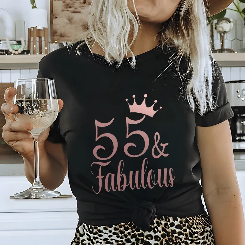 Women Fashion T-shirts 55th Birthday Party Shirt Women Short Sleeve Tee Clothing 55 Fabulous Mom Birthday Gift for Women Tops