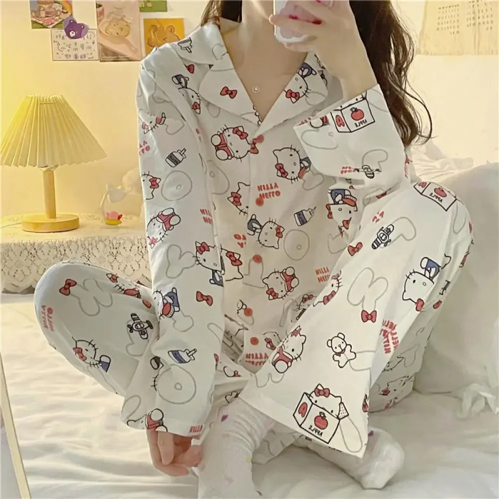 Ensemble de pyjamas Anime Hello Kitty pour femme, Sanrioed, Cinnamoroll, Kawaii, Kt Cat, manches longues, pantalons en Y, vêtements de détente,