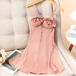 Sexy Women's Nightdress Intimate Lingerie Suspender Lace Mesh Gauze Bow Nightgown Satin Casual Home Clothes Sleepwear