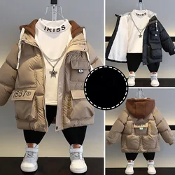 Children Boys Winter Boys Down Jackets Cotton Letter Thicken Hooded Infant Baby Boys Snowsuits 2-14Y  Boys Teenage No Wash Parka