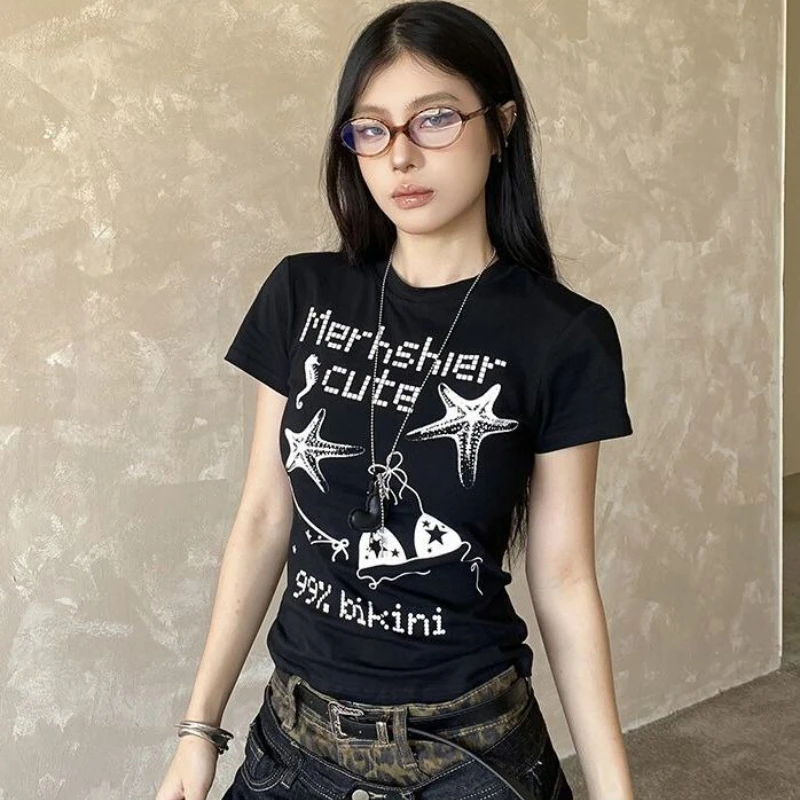 

American Casual All Match O Neck Short Sleeve T Shirts Y2k Aestheric Letter Subcultural Print Clothes Harajuku Punk Streetwears