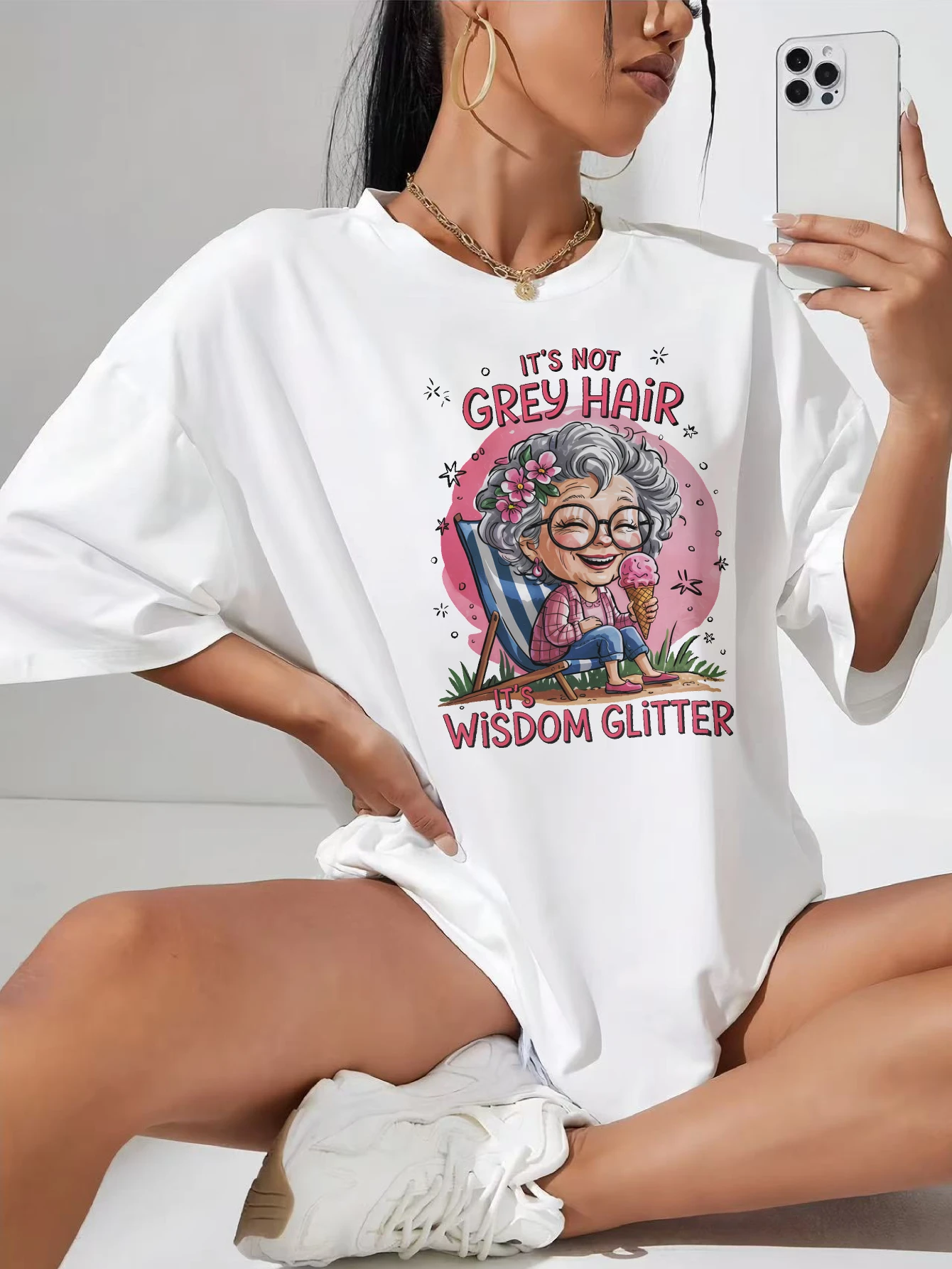 

it's not grey hair it's wisdom glitter White longline maternity T-shirt with side gathers breathable and stylish for pregnancy
