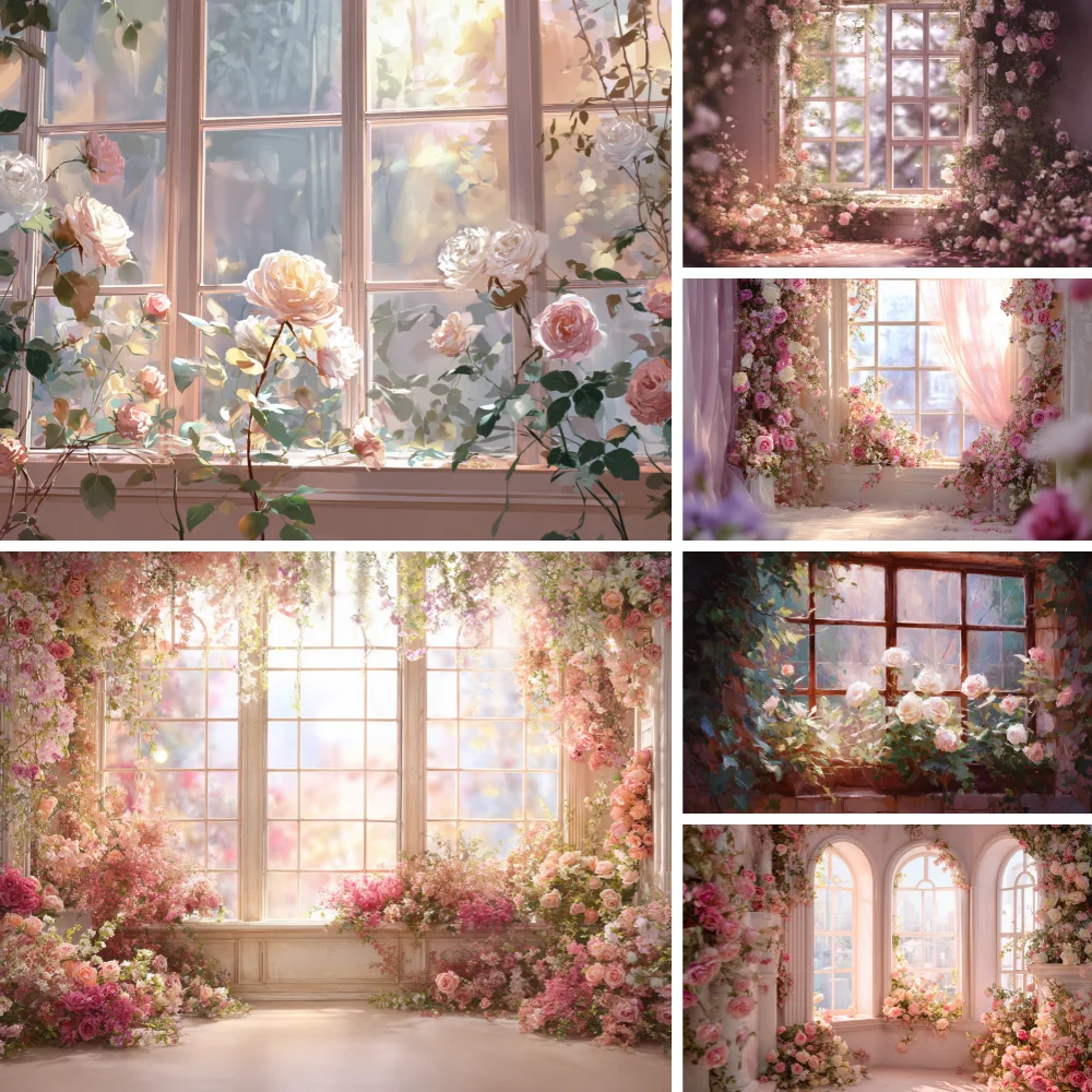 

Spring Flower Garden Wedding Backdrop for Photography Window Sunshine Curtain Baby Birthday Maternity Portrait Photo Background