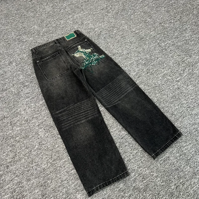 Real Photos Derschutze Jeans High Quality Pattern Embroidery Denim Trousers Retro Grey Street Men Women Pants