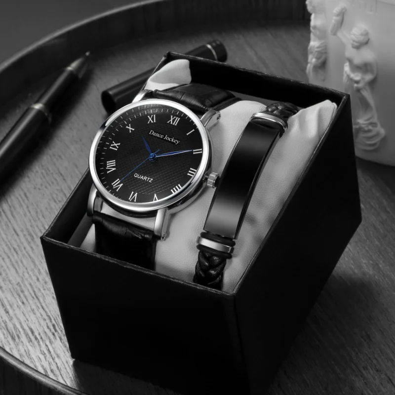 Foreign Trade Popular Style Trendy Simple Fashion Suit Men's Watch Bracelet Watch Box Blue Needle Men's Business Watch