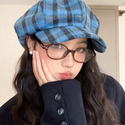 Korean Autumn and Winter Plaid Woolen Star Anise Painter Hat Women Outdoor Warm Big Head Trend Literary and Artistic Painter Cap