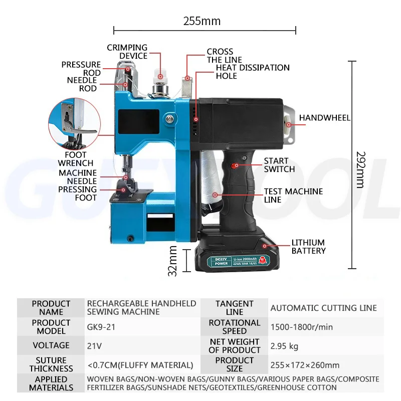 Portable Electric Wireless Semi-Automatic Rechargeable Sewing Machine Woven Rice Bag Sealing Packaging Machine