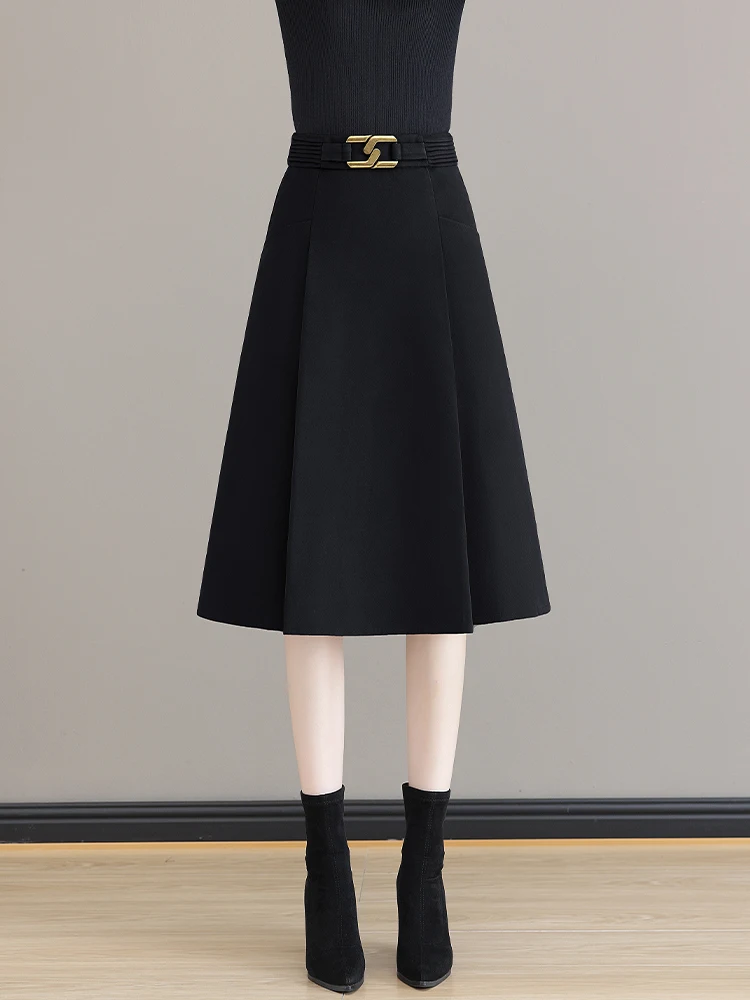 

Юбка миди А-силуэта с высокой талией, женская шерстяная юбка, скрывающая бедра, плиссированная, повседневный стиль, полиэстер