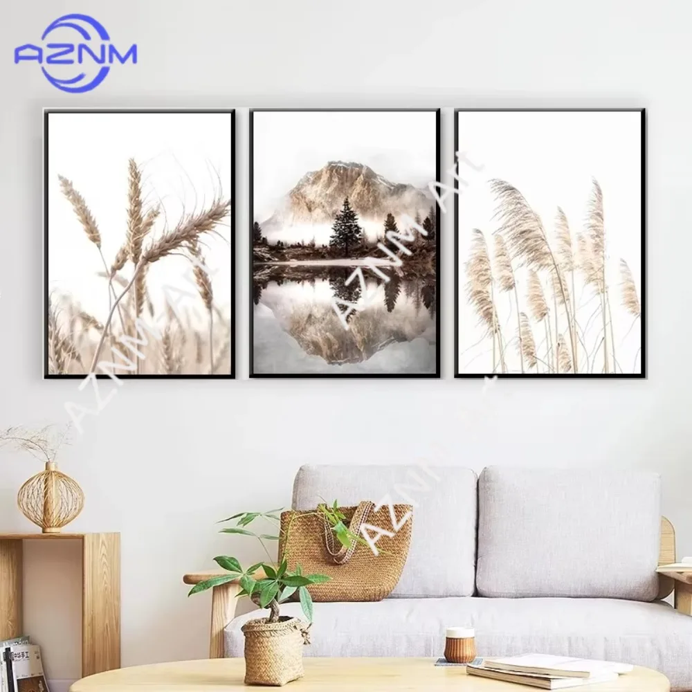 1/3 Stück Naturlandschaft Blumen Gras Sonnenschein Nebel Minimalistische Wandkunst Leinwanddruck Poster für Wohnzimmer Zuhause