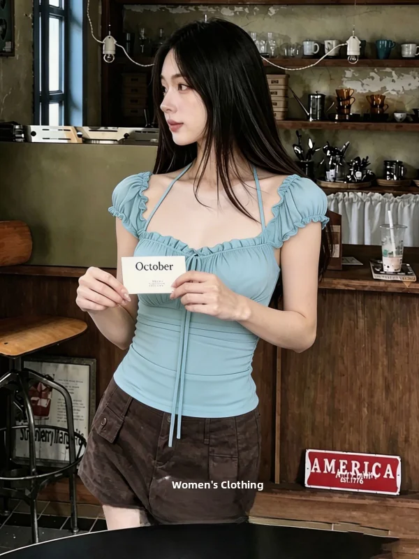 Ballet Style Off-Shoulder Short Sleeve Women's Top Slimming Waist Design Summer Outing Atmosphere Feeling Breathable Fabric