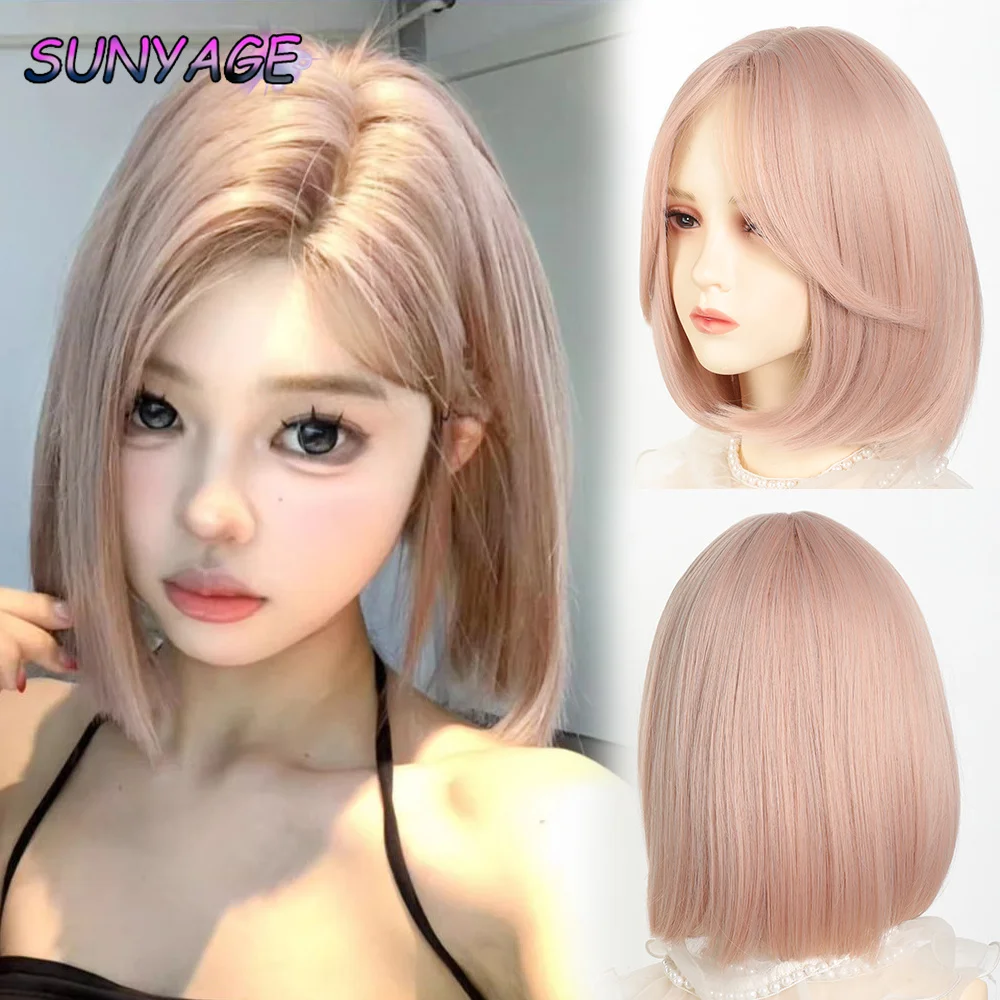 

SUNYAGE блондинка розовый омбре синтетические парики короткие прямые парики боб для женщин средняя часть Лолита косплей натуральные волосы термостойкие