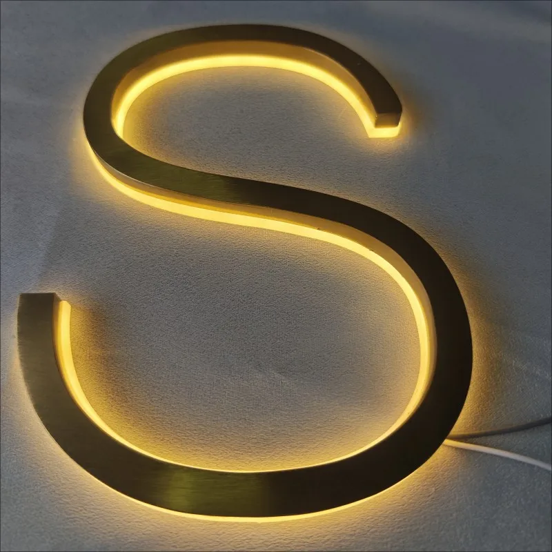 Custom Outdoor Backlit Gold Stainless Steel LED Letters 3D Rear Lighted Metal Shop Signs