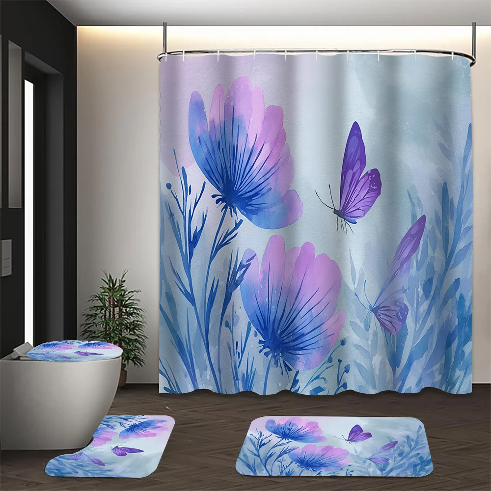 4/1 Butterfly plants shower curtain set, toilet seat decoration, shower curtain with carpet and toilet lid, size 70.8x70.8 inche