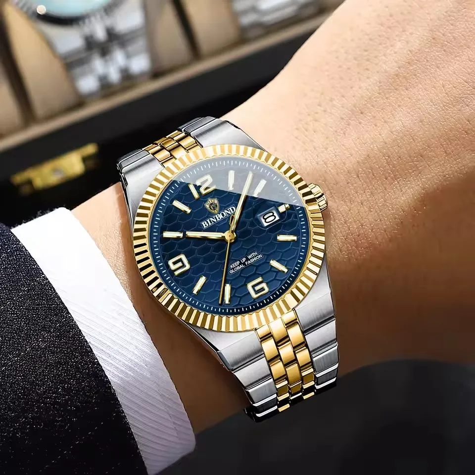 

BINBOND Аутентичные Relojes Para Hom Модный сотовый циферблат Водонепроницаемый календарь Ночной светильник Браслет из нержавеющей стали Кварцевые часы