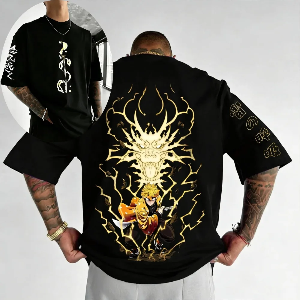 Demon Slayer Agatsuma Zenitsu Unisex Reine Baumwolle T-Shirt für Sommer 2026 Anime-Druck Rundhals Locker Sitzendes Familien-Kurzarm-Oberteil – Detail 5