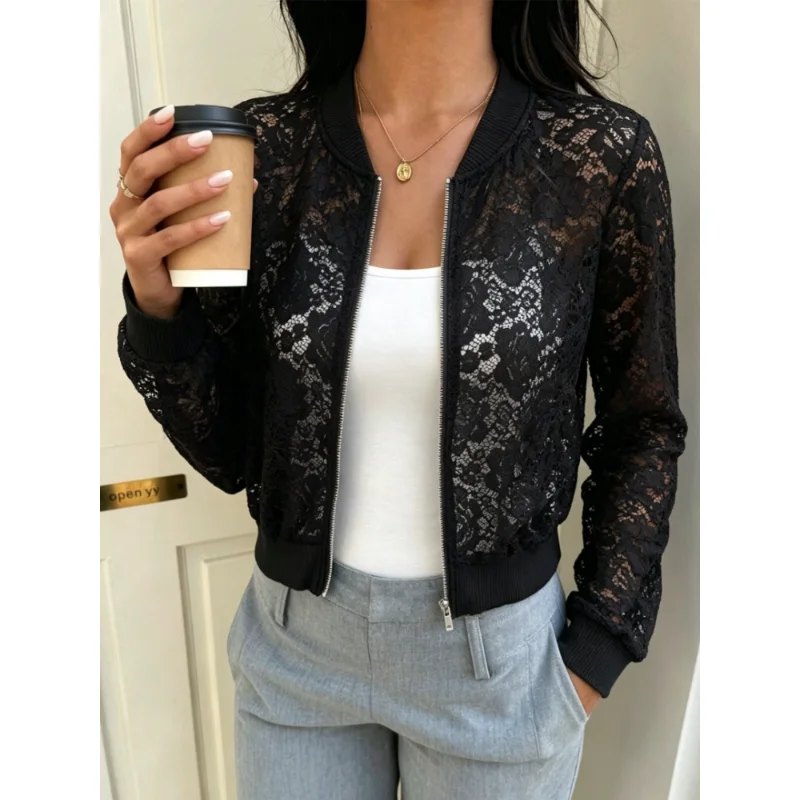 New Fashion Elegant Short Zipper Cardigan Spring Solid Color Jacket Autumn Chic See Through Lace Hollow Long Sleeve Jacket