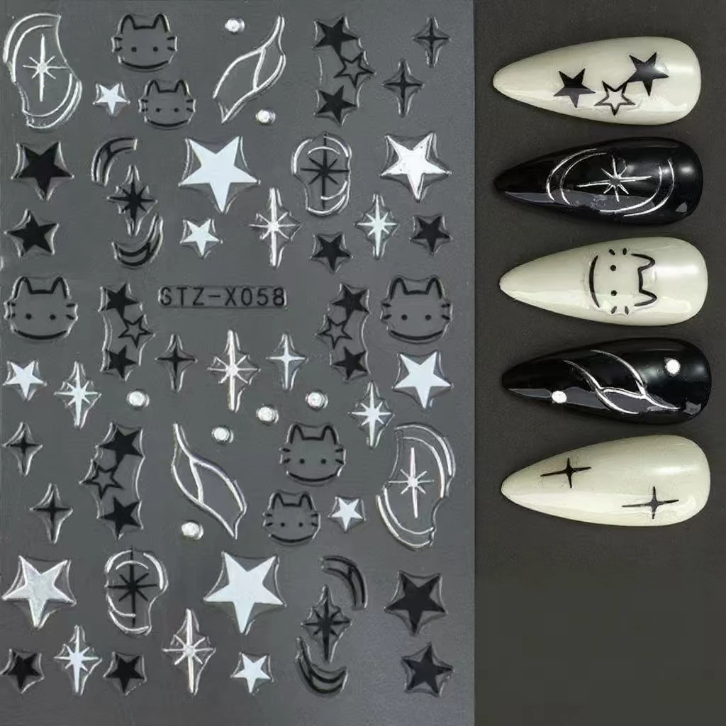 Black Silver Cat Animals Nail Sticker Decals Y2K Charms Cute Dog Cartoon Adhesive Sliders Foils For Manicure Nail Art Decoration image 3