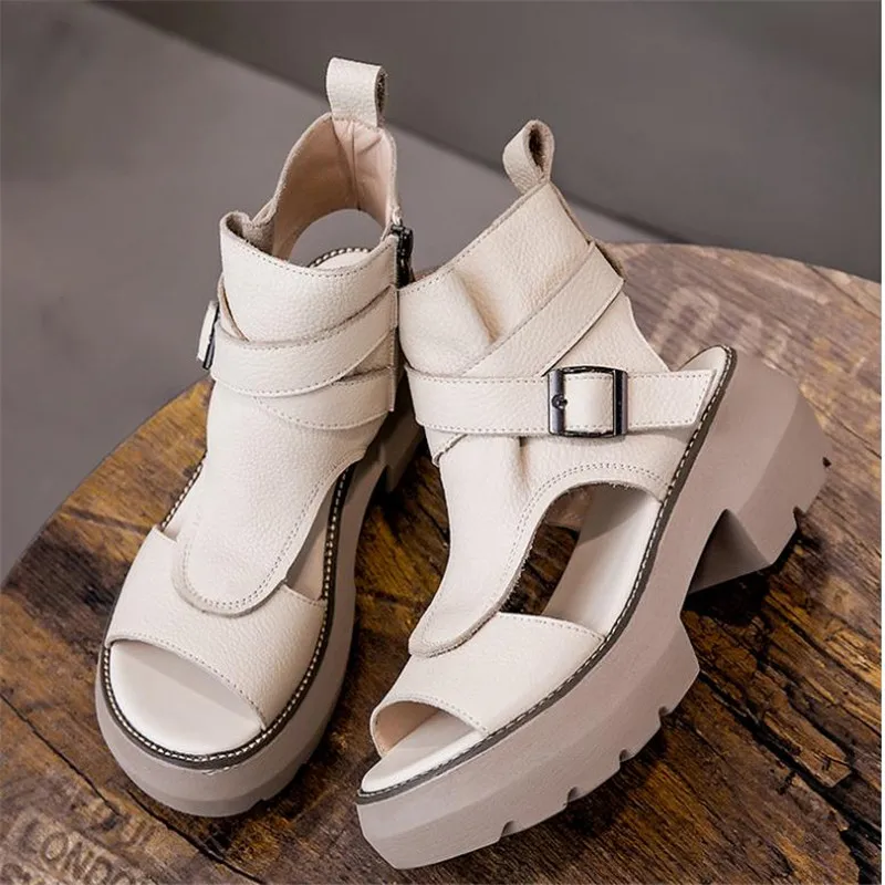 2022 New Summer Black Women Leather Sandals Cool Boots Platform Shoes Wedges Sandals Women Shoes Fashion Outdoor Sandals