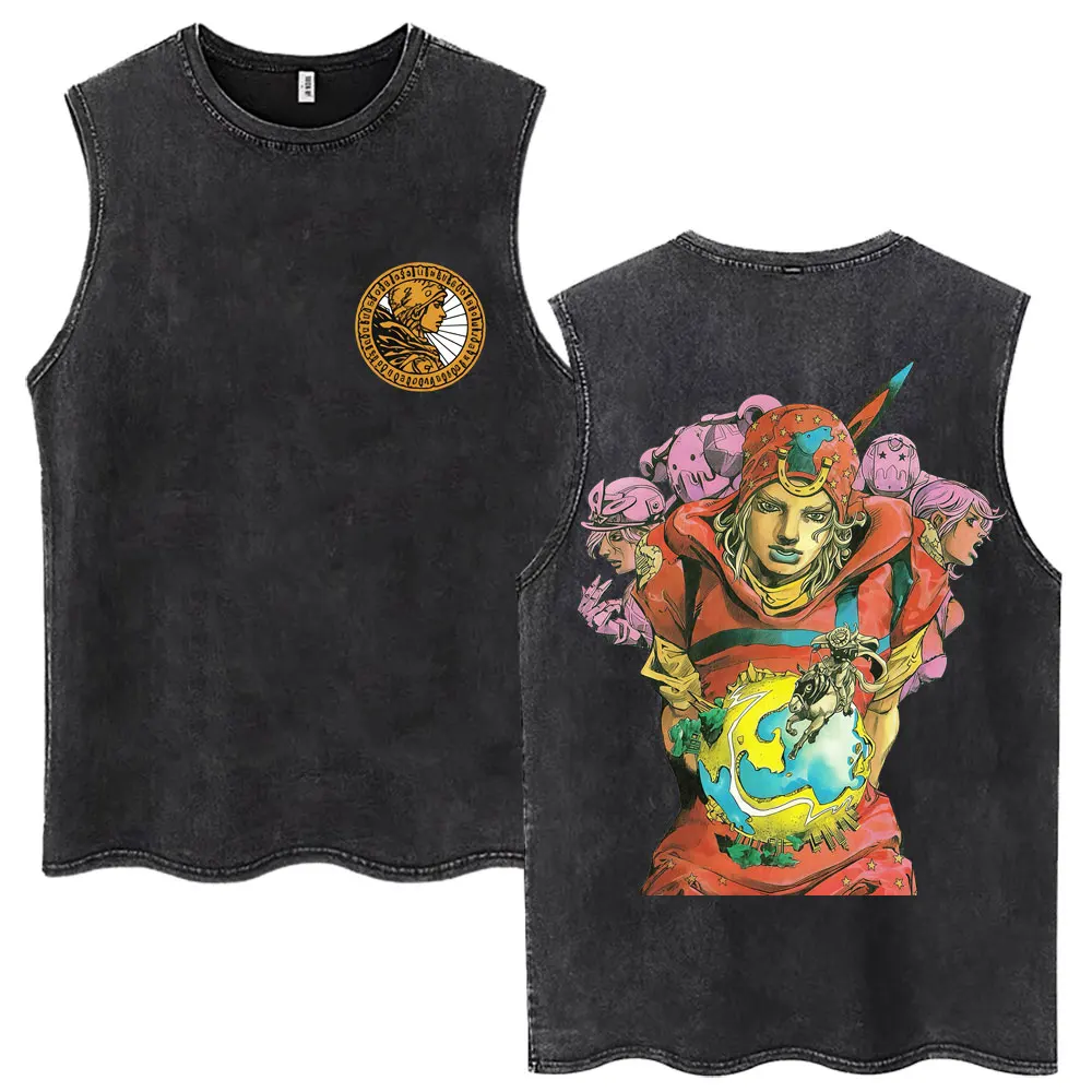 Camiseta Regata Vintage Masculina de Algodão Solta Sem Mangas para o Verão - Anime Jojo Bizarre Adventure Johnny Joestar STEEL BALL RUN