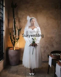 Plus Size Garden Church  Ankle-length Aso Ebi Wedding Dresses Long Sleeve Matte Stain Tulle Bridal Gowns Outfit Customized