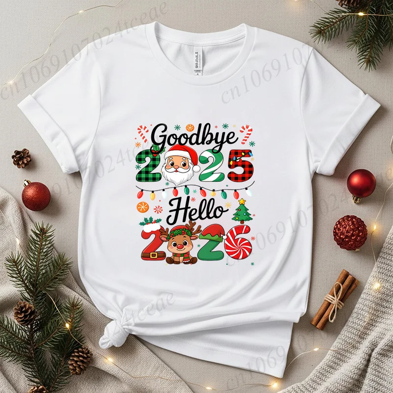 

Футболка Goodbye 2025 Hello 2026, футболки с круглым новым годом 2026 года, одинаковые рождественские семейные топы, футболки в подарок на Новый год,