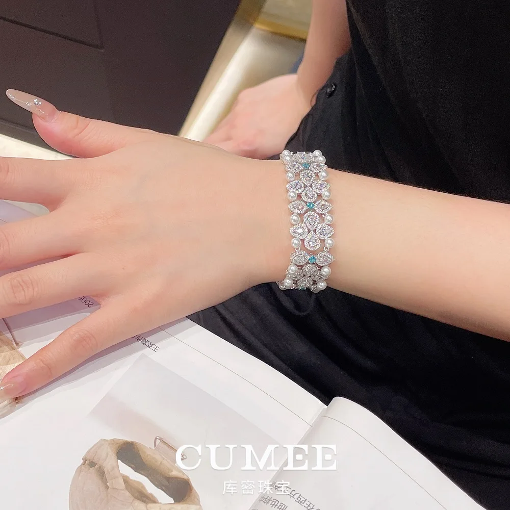 

CUMEE Palace Ретро широкий браслет Простой повседневный браслет из искусственного жемчуга из бисера. Посеребренный золотой драгоценный камень 925, выращенный в лаборатории