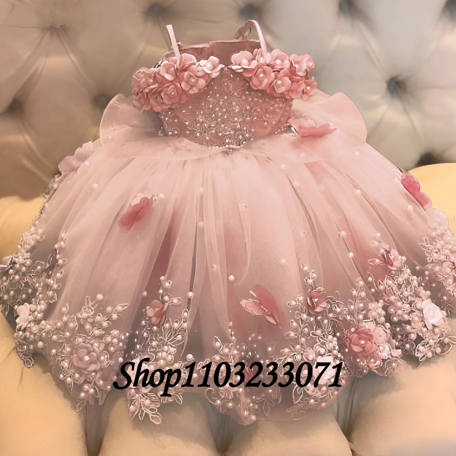 Customized Pink Flower Girl Dress Lace Off Shoulder Pearls Butterflies Organza Baby Girl Birthday Party First Communion Dress