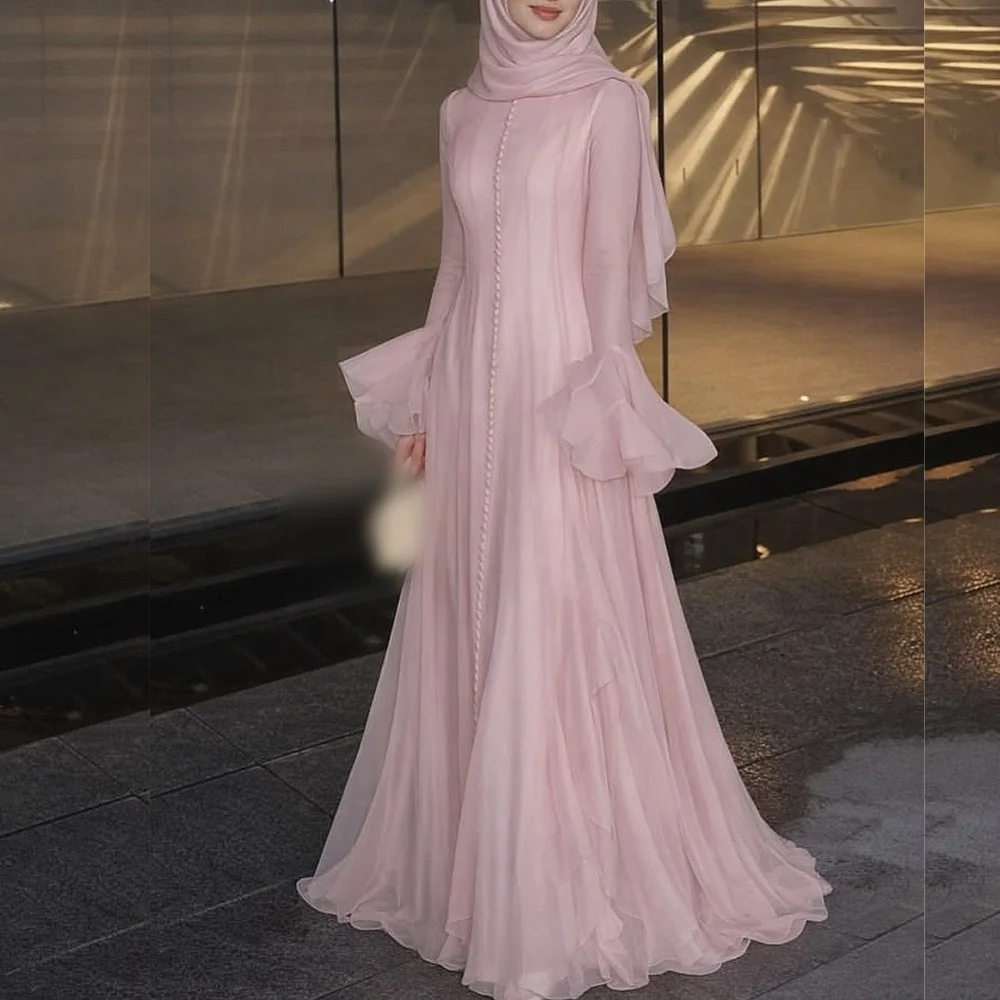 Customized Grace Formal Evening Pleat Flare Sleeve Button A-line Long Dresses Pink Elegant Party Wedding High Quality