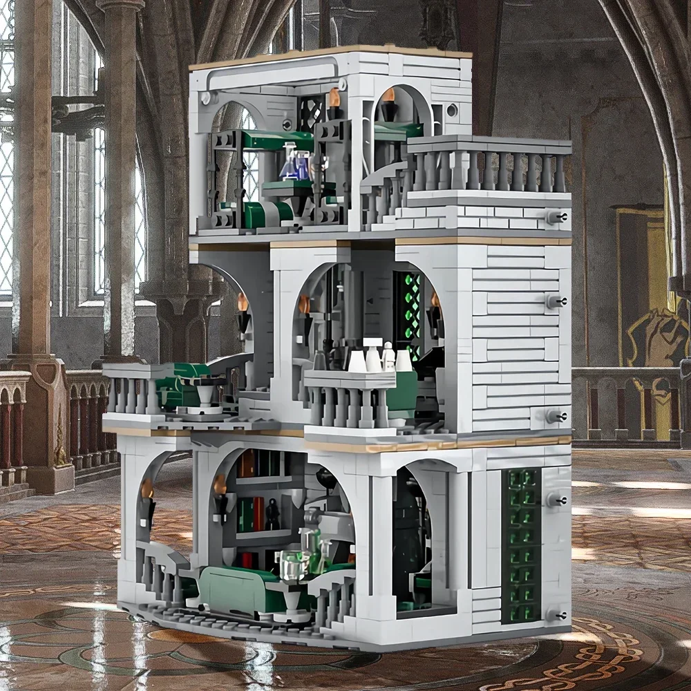 Slytherin Common Room and Dorm Building Block Model, Creative Slytherin House, Tijolos Arquitetura, Brinquedos Presentes, MOC