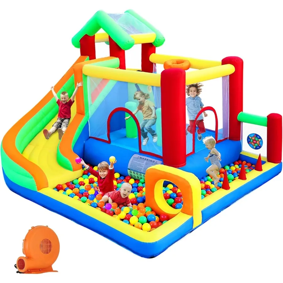 

Inflatable Bounce House with Blower for Indoor Outdoor Fun Features Ball Pit Slide Climbing Wall Dart Target and Basketball Hoo