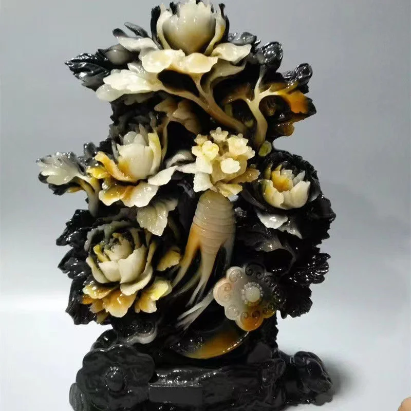 Jade ginseng Ruyi ornament Dushan jade hibiscus stone handicrafts rare stone stone carving home office housewarming