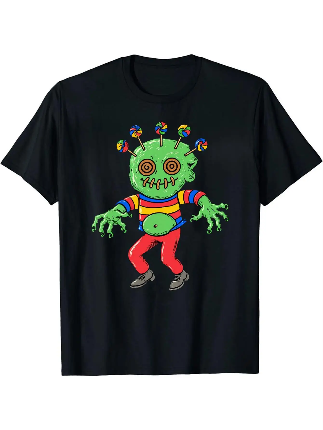 Camiseta Gráfica Negra Divertida para Hombre, Diseño de Monstruo de Dibujos Animados con Ojos en Espiral, Piruletas y Pines, Camisa a Rayas con Personaje Zombi, Ilustración Colorida, 100% Algodón, Manga Corta, Estilo Casual Urbano