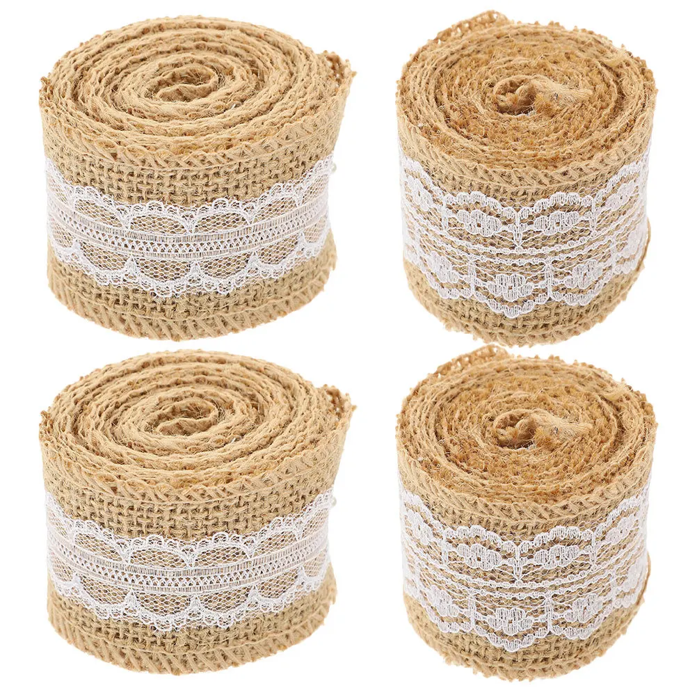 4 Rolls DIY Napkin Rings Natural Burlap Bands with Lace Trim Reusable Wedding Party Decorations Cuttable Present Packing Ribbon